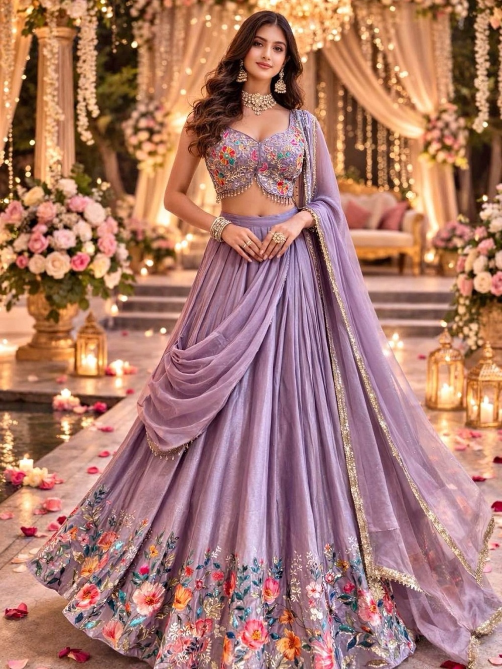 Lavender Floral Embroidered Lehenga Dress